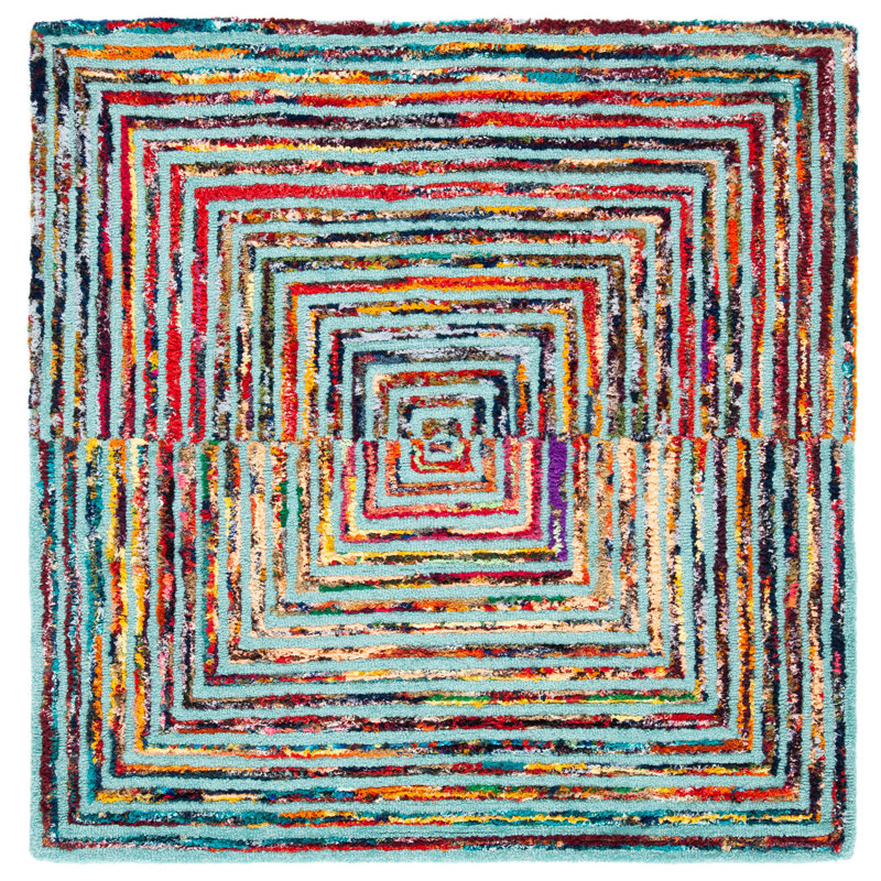 Tapis vert / bleu sarcelle en laine / coton touffeté à la main à motif géométrique Nantucket, Carré 6 pi