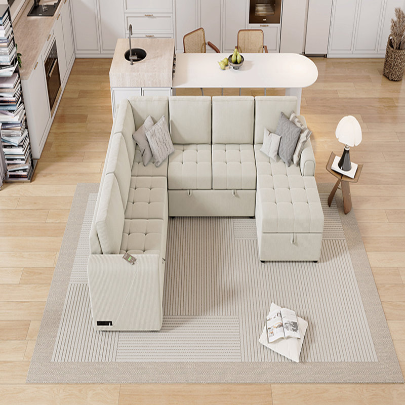 Basic Sectional Sofa, 107.5" U-Shaped Sofa  Sofa Pull-Out Sofa Bed With A Storage Chaise Lounge, Charging Devices
