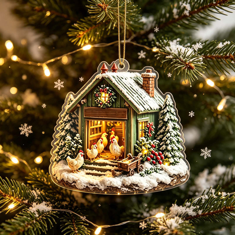 Décoration de Noël : Poulailler de Noël, ornement suspendu en acrylique 2D, abri à poules d'hiver, style ferme, cadeau pour les amoureux des poules.