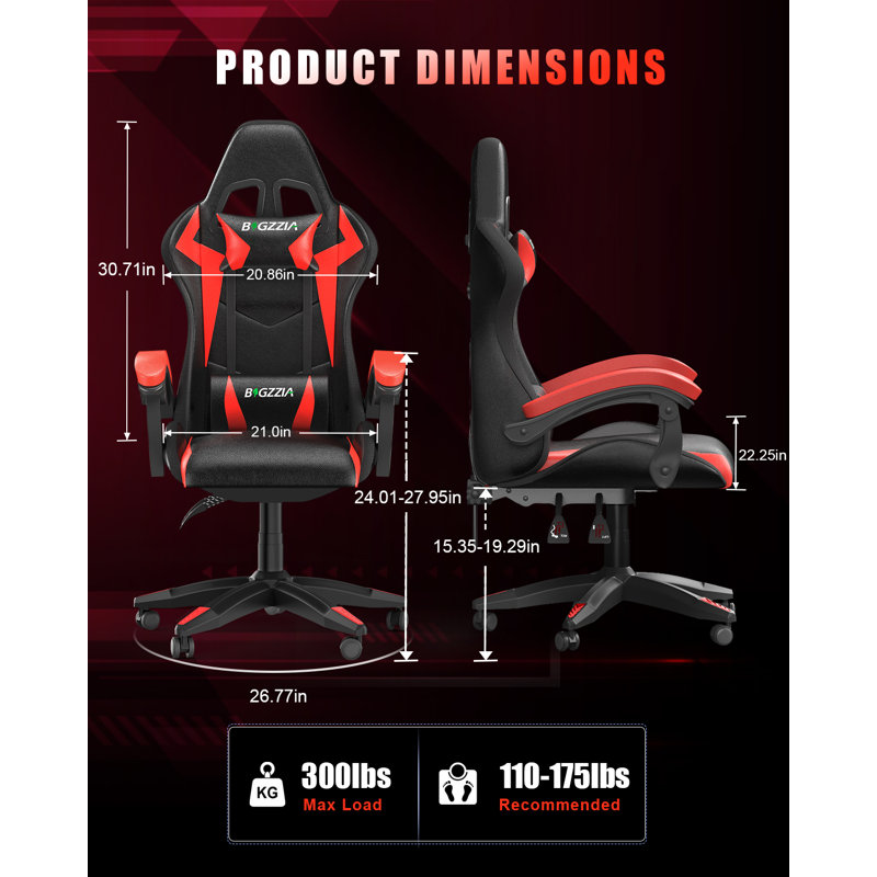 Reclining Gaming Chair with LED Lights and Headrest, Black/Red