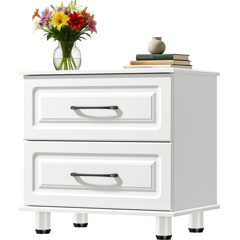Table de chevet blanche avec 2 tiroirs, petite commode pour la chambre à coucher, commode en bois avec poignées en acier, commode Mid-Century pour le salon, le bureau