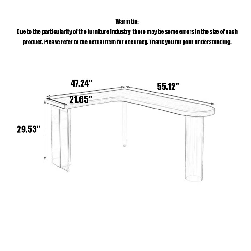 Bureau en L en bois massif avec pieds flottants en acrylique, H 29,53 po x l 55,12 po x P 47,24 po