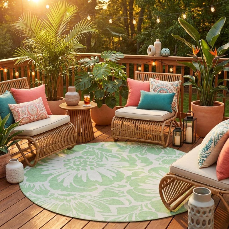 Tapis d'intérieur rond 8 po rond vert menthe et ivoire floral lavable antidérapant