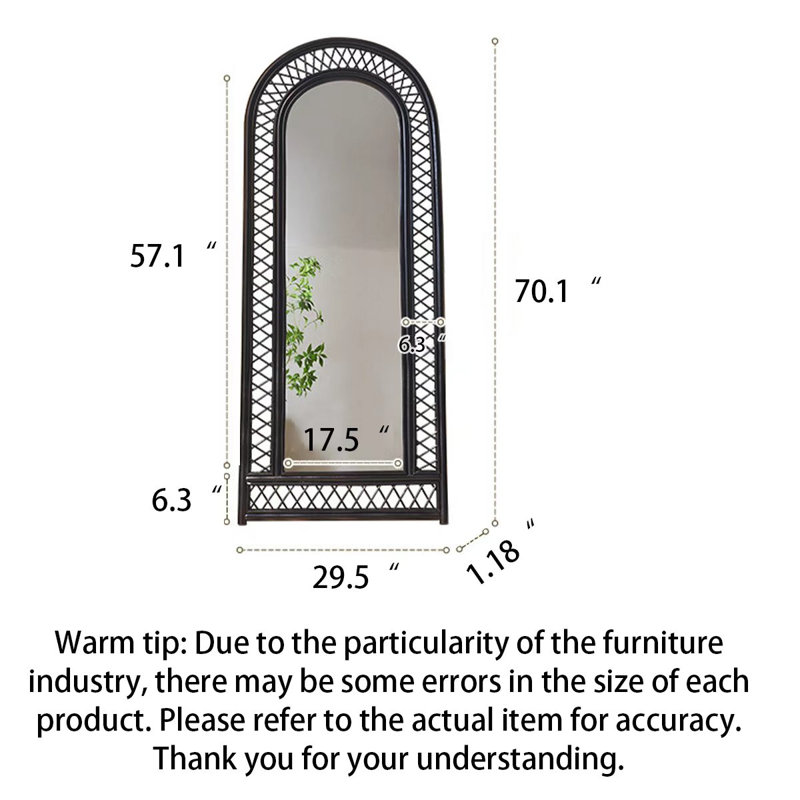 French Vintage Rattan Arched High-Definition Full-Length Mirror, 70.87" H x 29.53" W, Black