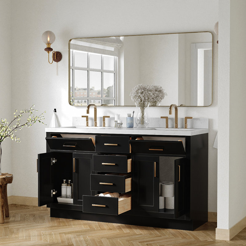 Meuble-lavabo double en bois massif Thornaby avec plateau en quartz Carrara de 1,5 po, Forme rectangulaire