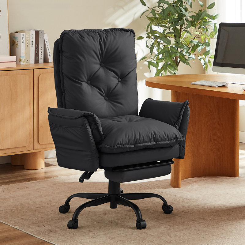 Cross Legged Home Office Chair with Footrest and Reversible Armrests for PU Leather, Black, Black