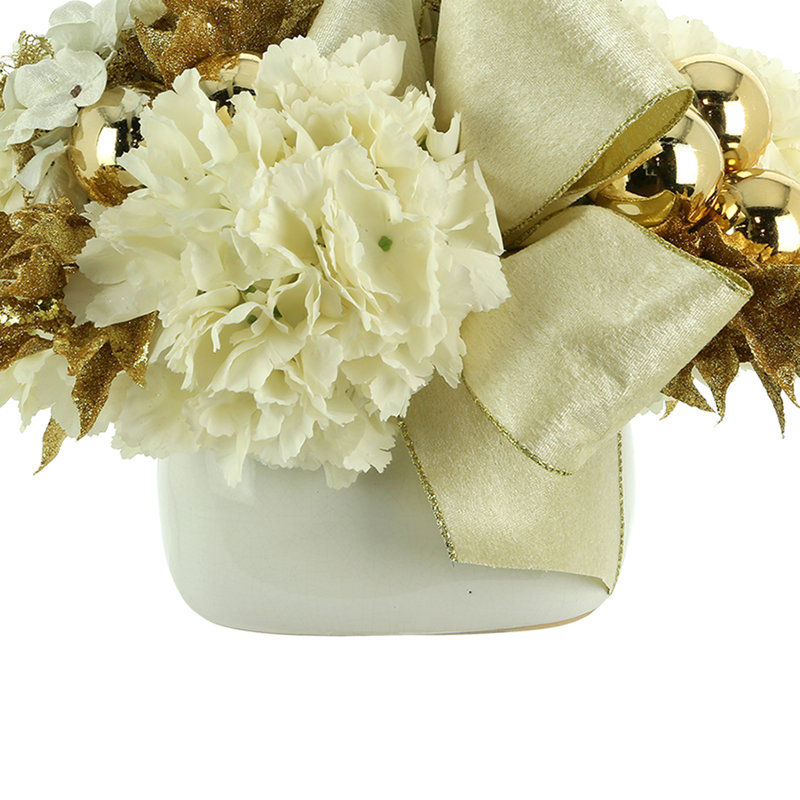 Holiday Arrangement With Hydrangeas And Ornaments