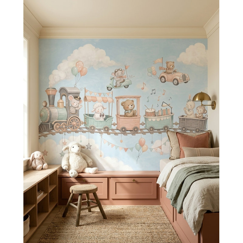 Papier peint aquarelle Train d'animaux, fresque murale pastel pour chambre d'enfant, 200"x120", Textured Non-Pasted