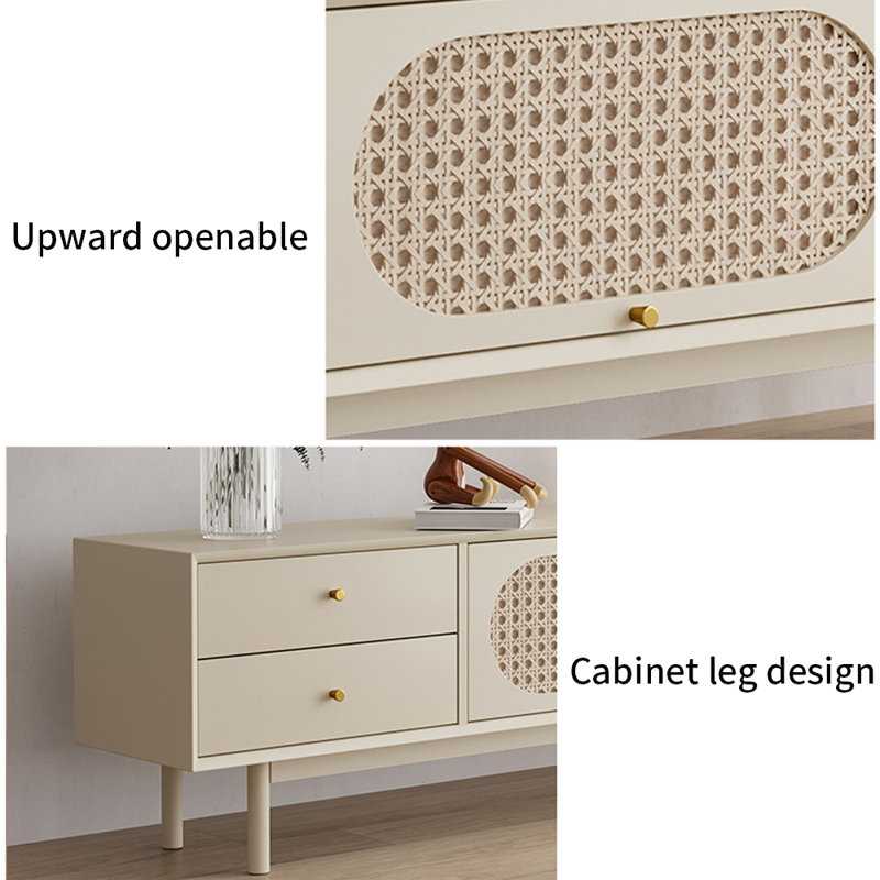 Meuble télé en bois massif de style japonais, 70.87", Crème 1