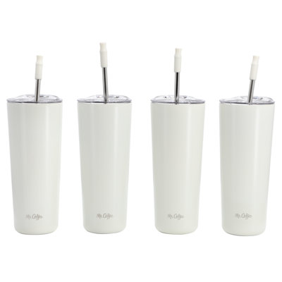 Mr. Coffee 4 Piece 23 oz Stainless Steel Tumbler Set with Lids and Straws in White