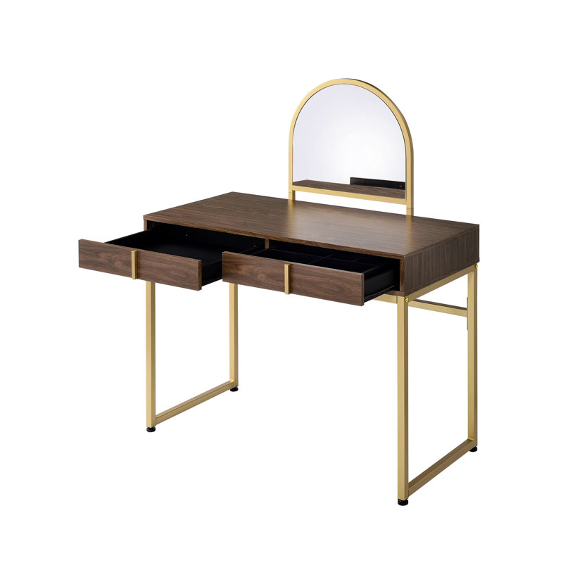 Bureau de meuble-lavabo rectangulaire en noyer et doré avec structure en métal, miroir inclus, plateau à bijoux, 2 tiroirs de rangement, panneau de particules et design, miroir couleur haute de 50 po, formation, profondeur de 19 po