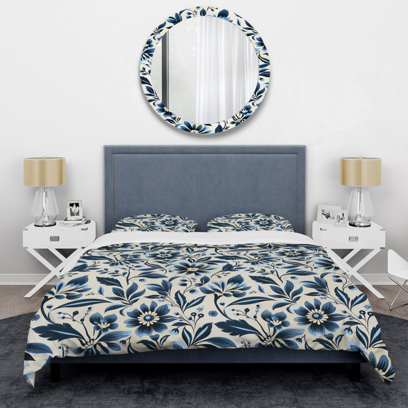 Nordic Damask Peonies Simplicity Floral Duvet Cover, King Duvet Cover + 2 King Shams