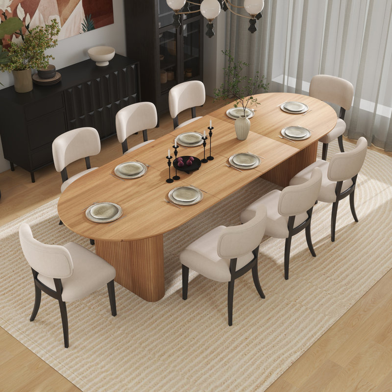 Modern Farmhouse 59.06" to 90.55" Wood Extendable Dining Table Set For Dining Room Kitchen, 9 Pieces: Table, 8 Chairs, Oak