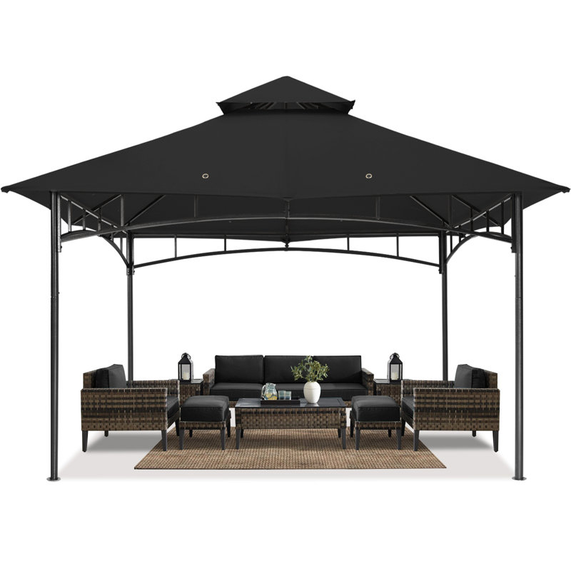 Black Steel Patio Gazebo with Polyester Roof, 9x9 ft