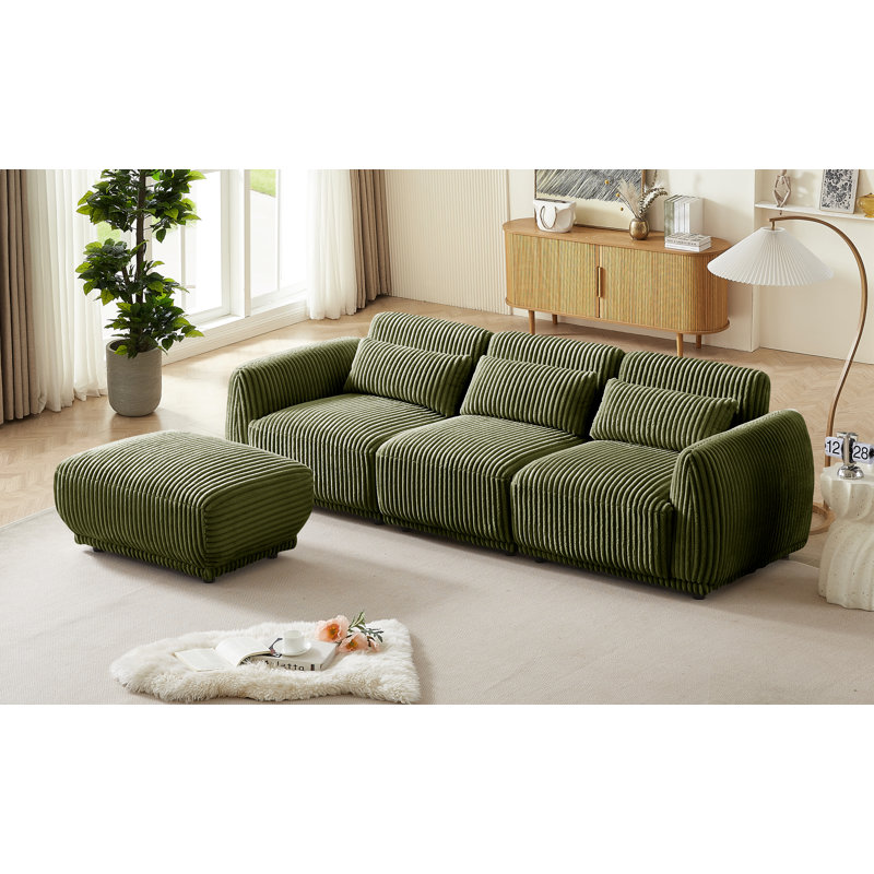 Hawanatu 100 " Corduroy L-Shaped Sectional with Ottoman, Hawanatu Green Corduroy