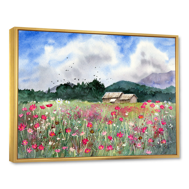 Paysage avec un champ de fleurs blanches et roses - Peinture sur toile, H 34 po x l 44 po x P 1,5 po, Cadre flottant doré