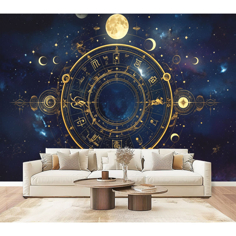 Papier peint adhésif auto-adhésif moderne l 96 po x H 69 po pour chambre à coucher Roue du zodiaque doré Nébuleuse cosmique de l'espace