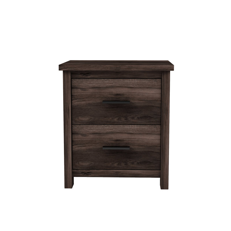 Table de chevet à deux tiroirs en noyer foncé avec rangement spacieux et fabrication solide