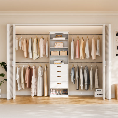 Système de rangement pour garde-robe de 23,6 po à 139,2 po de largeur avec 4 tiroirs et tringles