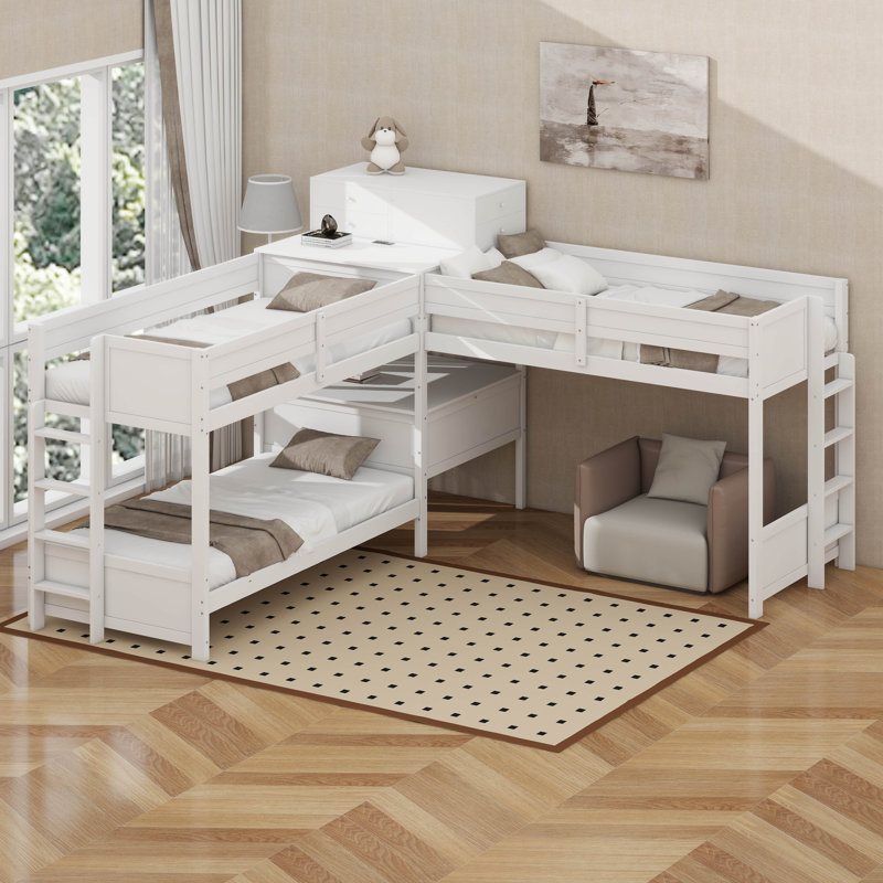Lit simple superposé en forme de L avec bureau et tiroirs de rangement, lit superposé peu encombrant avec ports USB, Blanc