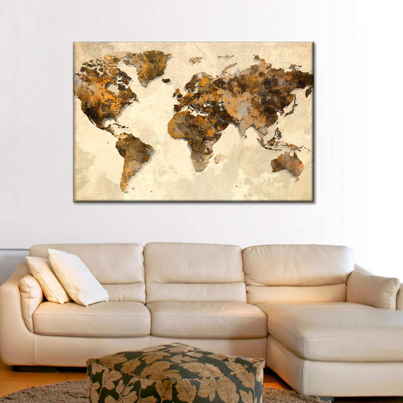 Carte du monde rustique - reproduction sur toile tendue, H 20 po x l 30 po x P 1,25 po
