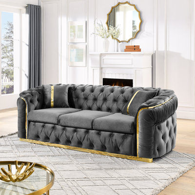Gray Velvet 90.6 Inches With Button Tufting, 3 Seater Luxury And 2 Pillows Gold Stainless Steel Accents For Living Room