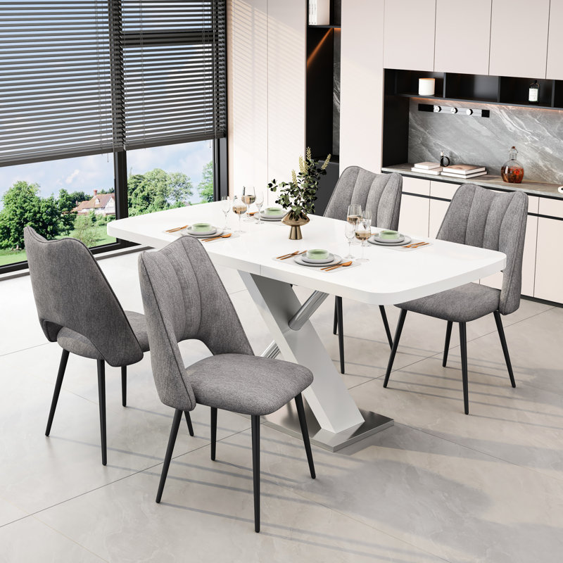 Ensemble 5 pièces de table de salle à manger et de chaises avec 4 chaises grises et une table blanche rétractable, idéale pour la cuisine, les sièges réglables, les sièges confortables pour 6 personnes, élégant