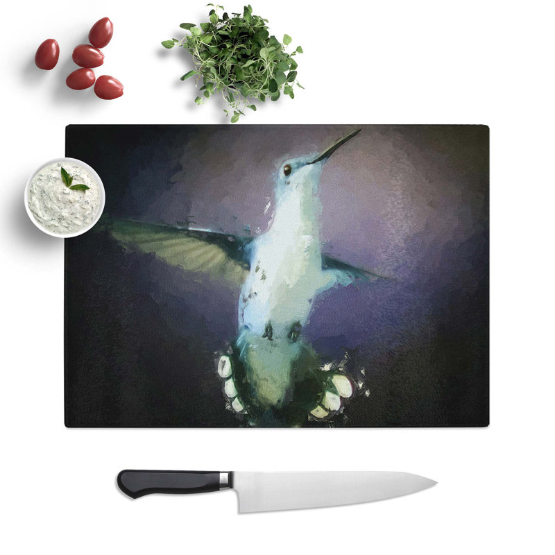 Glass Hummingbird Bird in Flight in Abstract Chopping Board, 39 cm W x 28.5 cm L