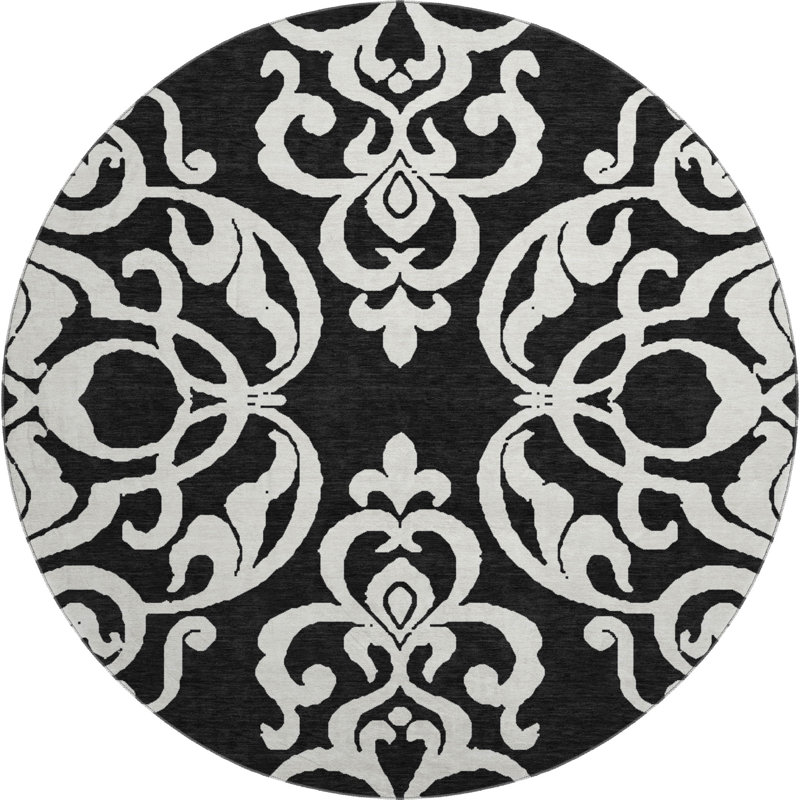 Premium Machine Washable Prisco Black Rug, Round 8'