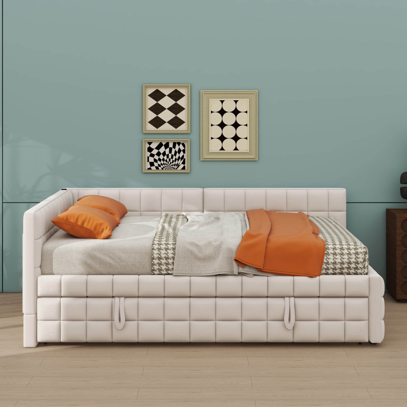 Lit de jour double rembourré en tissu pleine grandeur avec lit gigogne escamotable simple et ports de charge USB intégrés