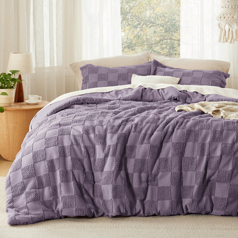 Ensemble d'édredon pour lit ferme à carreaux touffeté Boho, 230GSM, Édredon pour grand lit + 2 taies décoratives, Mauve gris
