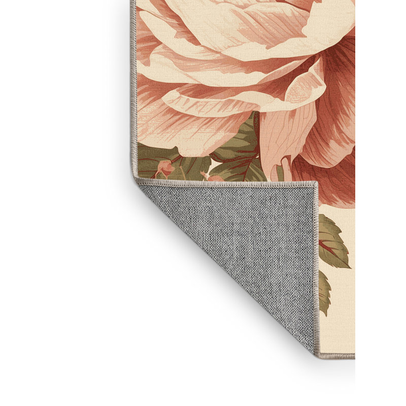 Tapis beige français à motif de pivoines lavables à la machine - reliure beige, 7 x 10