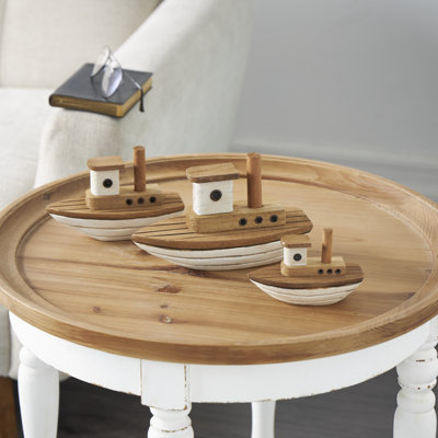 Ensemble de sculpture brune en bois fabriqué à la main avec accents blancs Woolley
