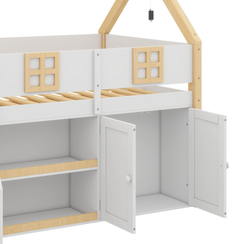 Lit mezzanine avec escabeau, étagères intégrées, armoires et système d'éclairage, Lit simple