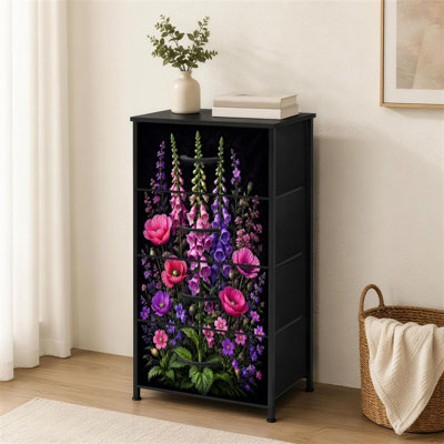 Commode 4 tiroirs pour chambre à coucher Bouquet floral noir éclatant Fleurs mauves roses Petite petite commode à vêtements pour commode avec commode