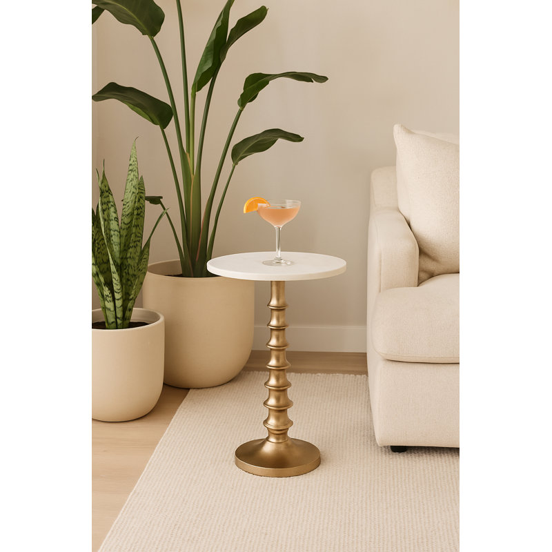 Round White Marble Metal Accent Table with Sculpted Base Boho Glam Side Table for Living Room, Bedroom, or Office 22" Gold.