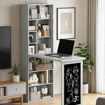 Wall Mount Desk 39", 2-in-1 Fold-Out Convertible Desk with Side Shelves & Blackboard for Small Spaces
