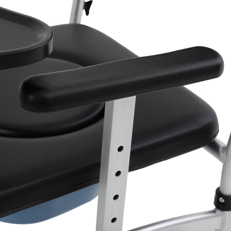 Fauteuil roulant de chevet avec roulettes et freins à hauteur réglable, table de plateau amovible, seau de toilette et couvercle, capacité de 220 lb