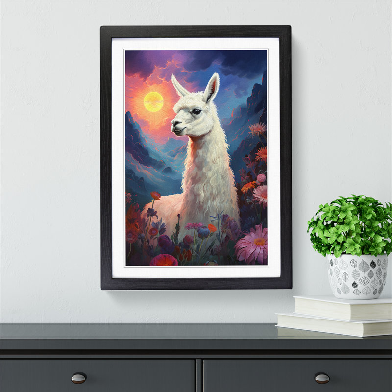 Llama Romanticism No.2 - Single Picture Frame Print on Wood, Black Framed, 64cm H x 46cm W x 2cm D