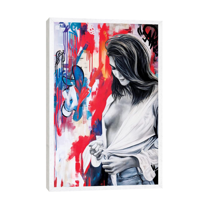 The Woman With The Knotted Shirt by Val Escoubet - Painting on Canvas, 66.04cm H x 45.72cm W x 3.81cm D, White Framed