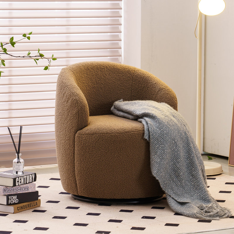Swivel Accent Armchair Barrel Chair With Powder Coating Metal Ring, Chocolate Faux Fur