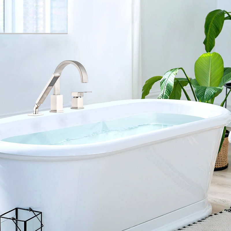 Waterfall Bathtub Filler With In Brushed Nickel, Deck Mounted 3 Roman Tub Faucet, Hand Shower & 59" Hose, Resilient Ceramic Cartridge Faucet , Nickel Mount Filler, Robust