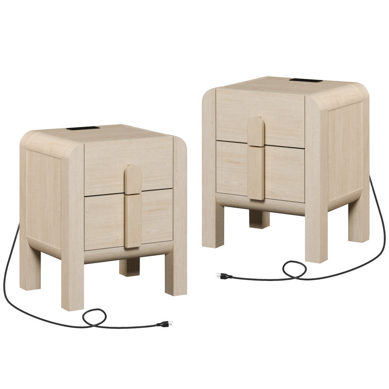 Adora End Table Set Of 2 With Charging Station And Curved Profile Design, Mid Century Modern Wooden Nightstand With Drawer For Bedroom, Living Room, Sofa Office