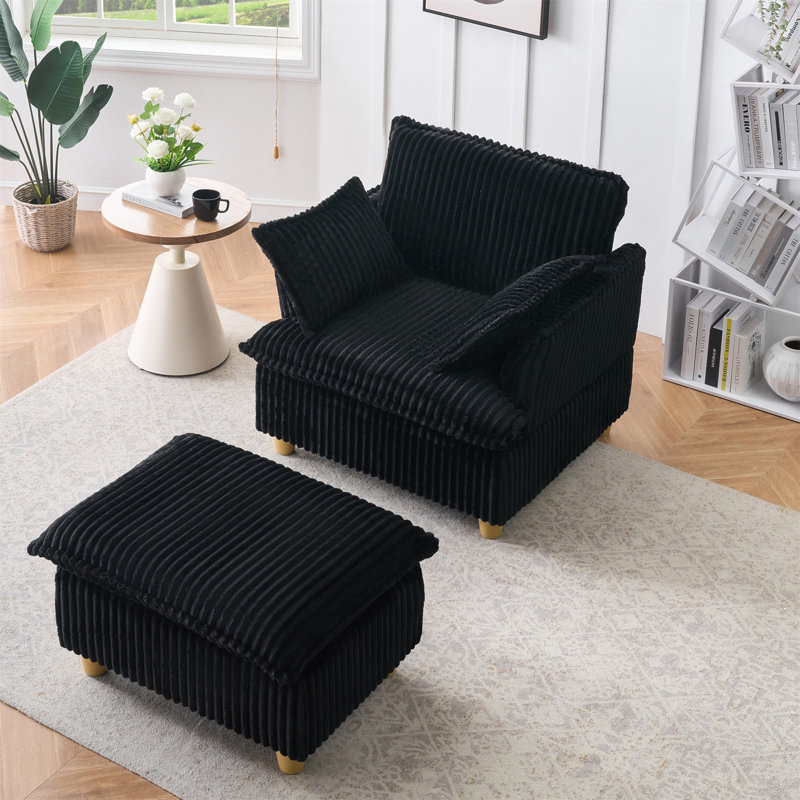 Single Seat Corduroy Sofa With Foot Cushions And Throw Pillows, Suitable For Balcony, Living Room Or Study, Black