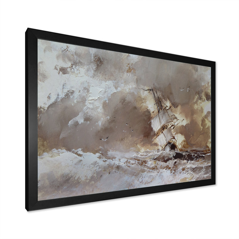 Vieux voilier sur bord de mer - décoration murale en toile nautique et côtière, Cadre noir, H 8 po x l 12 po x P 1 po