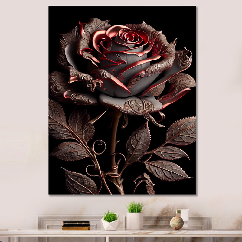 «Blossoming Rose» en rouge et gris IV - Art mural sur toile florale, H 44 po x l 34 po x P 1,5 po, Toile tendue