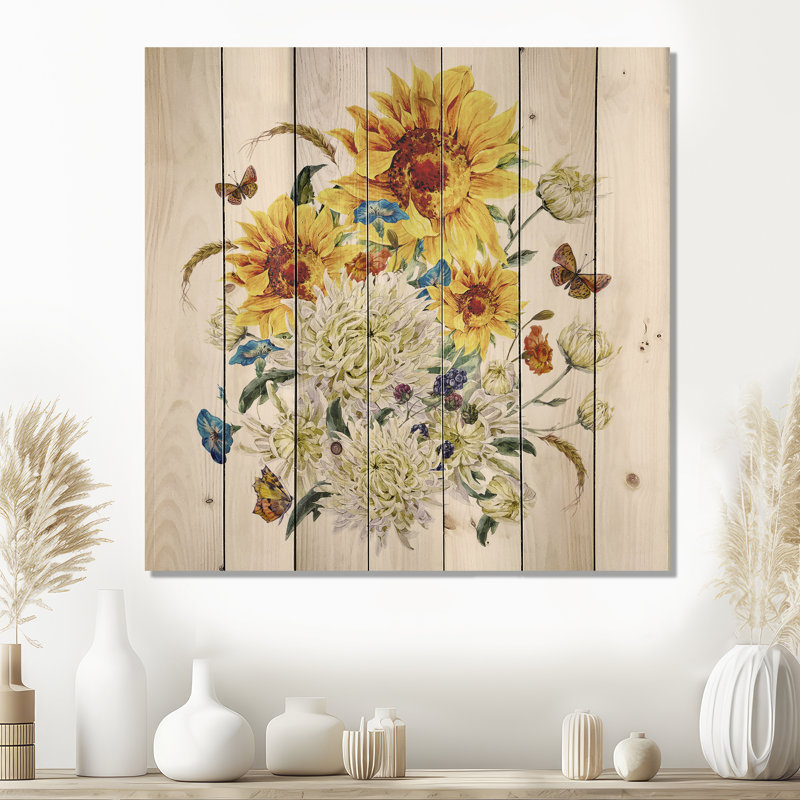 Chrysanthèmes et tournesols rétro - impression traditionnelle sur bois de pin naturel, H 35 po x l 35 po x P 0,78 po