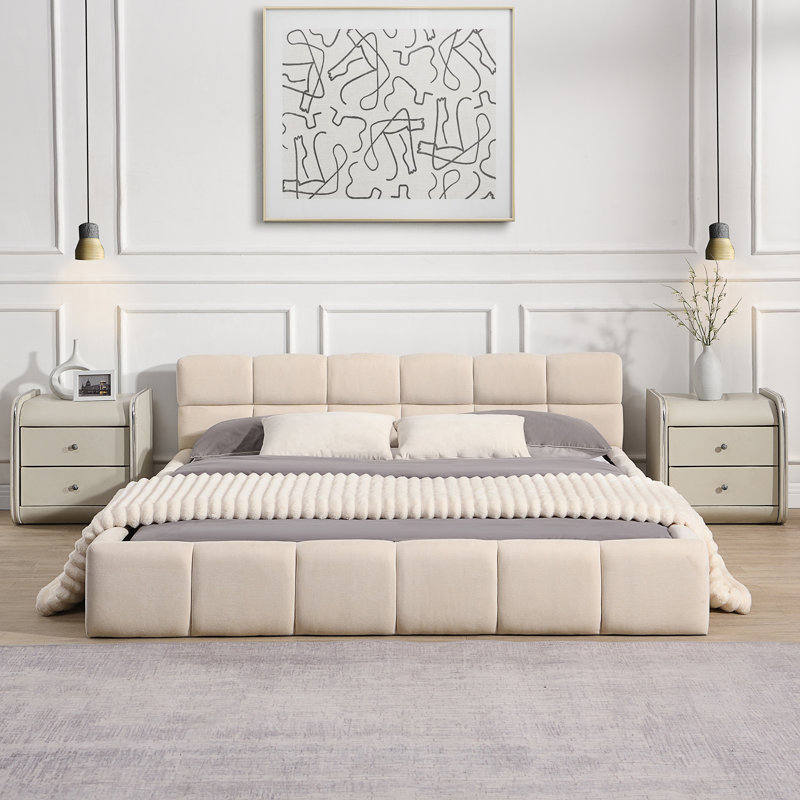 Grand lit tapissier élégant avec motif en damier, Grand lit