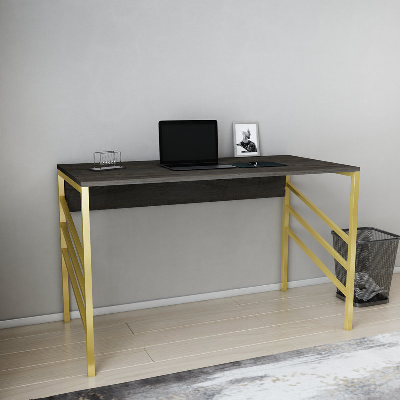 Metal Base Writing Desk, Dark Brown/Gold