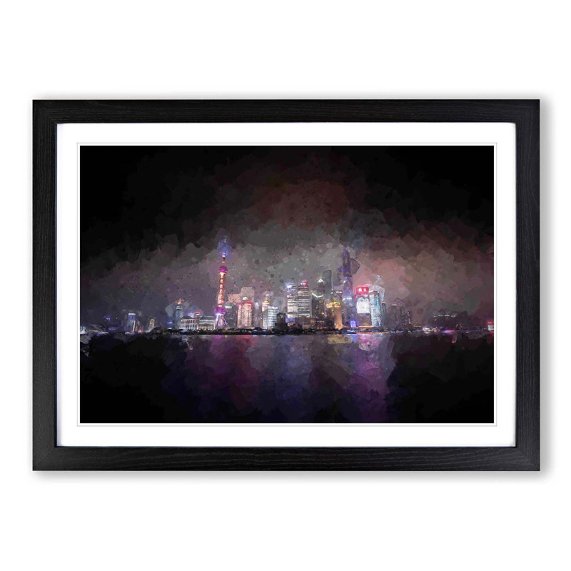 Shanghai China Skyline at Dusk in Abstract - Picture Frame Graphic Art Print, 50cm H x 76cm W x 2cm D, Black